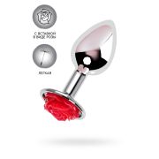 Анальная втулка Metal by TOYFA, металл, серебристая с красной розочкой, 8 см, Ø 2,7 см, 48 г