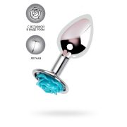 Анальная втулка Metal by TOYFA, металл, серебристая с голубой розочкой, 8 см, Ø 2,7 см, 48 г